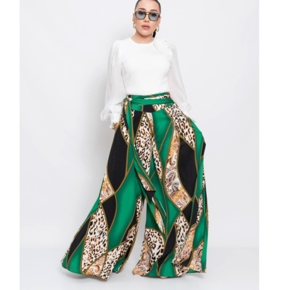 Gracia Mixed Leopard Paisley Print Palazzo Pants Women 1XL Green Pockets Belt